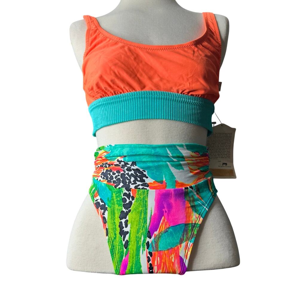 Vintage 80s/90s Bikini Swim Mixed Suit Vibrant Orange Blue floral 
Women SZ S/M